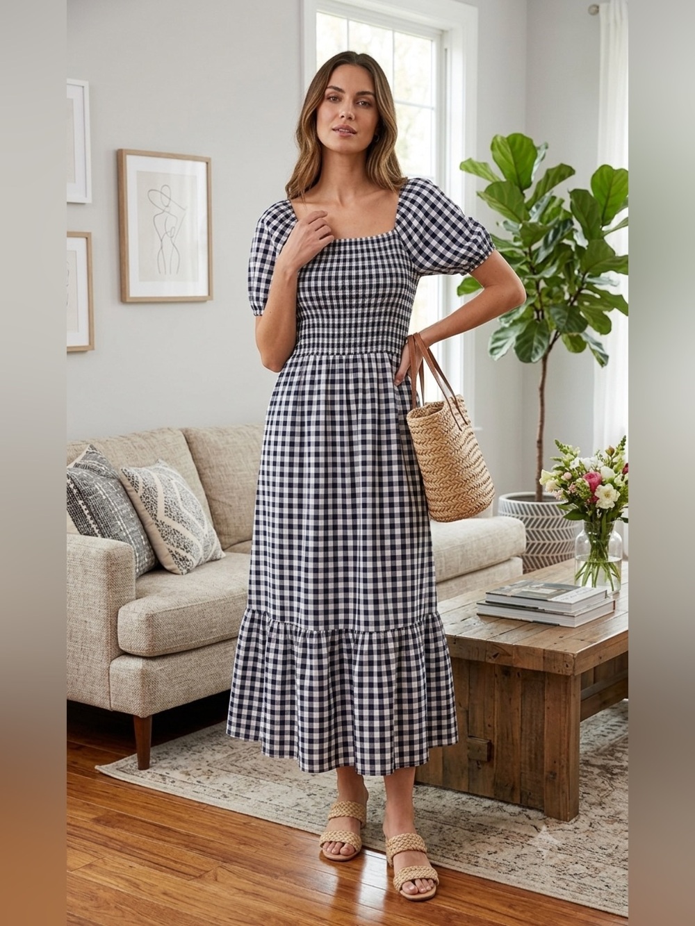 Ana & Rose Gingham Puff Sleeve Midi Dress - Navy Blue and White